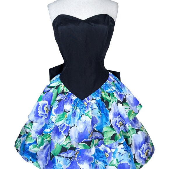 Vintage 80s Strapless Blue Floral Print Short Tiered Prom Cocktail Party Dress M - Picture 6 of 12